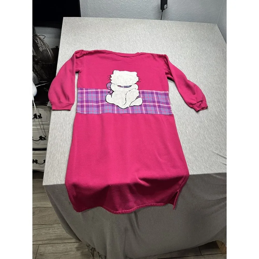VTG 80s/90s Pink &‎ Plaid Long Sleeve Fuzzy Cat Nightgown Size M/L